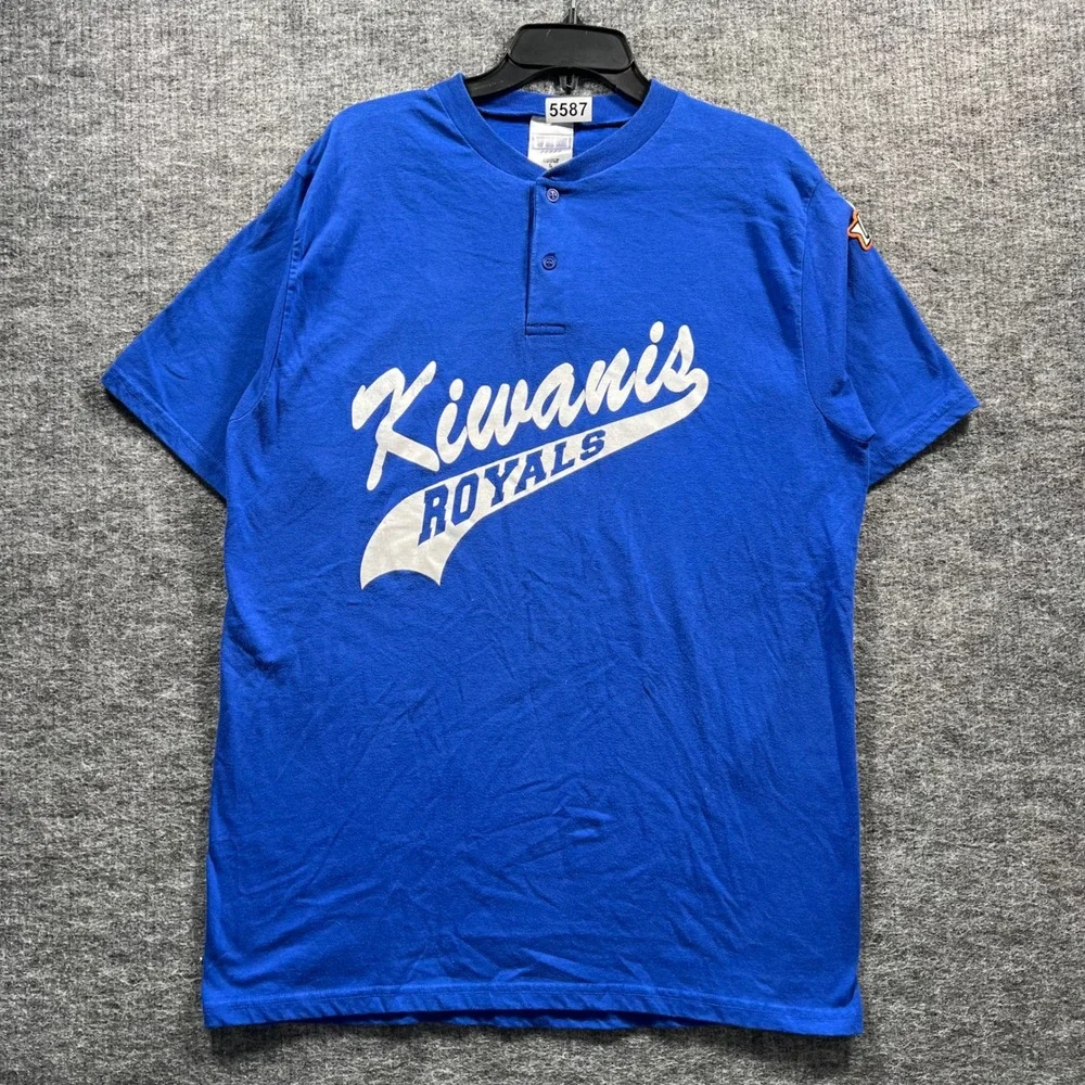 VKM Venus Kiwanis Royals Baseball Jersey Blue Henley Shirt Size Large 11